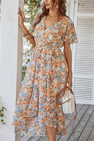 Stylish Womens Dress Floral Printed V-Neck Short Sleeve Drawstring Midi Tea Dress