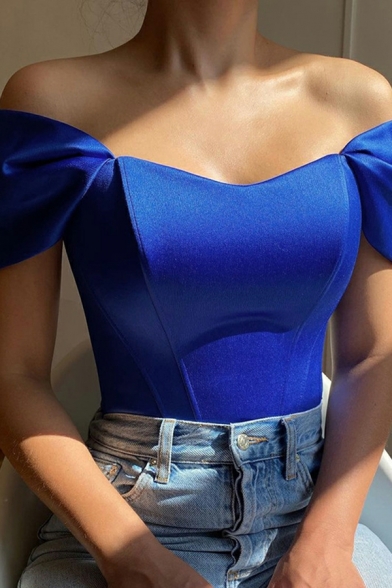 Women Formal T-shirt Whole Colored Off The Shoulder Cap Sleeves Slim Fitted Crop Tee Shirt
