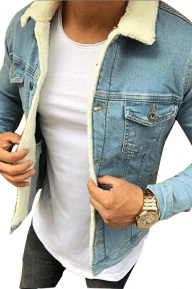 Edgy Men Jacket Pure Color Pocket Spread Collar Brushed Slim Fit Button Up Denim Jacket
