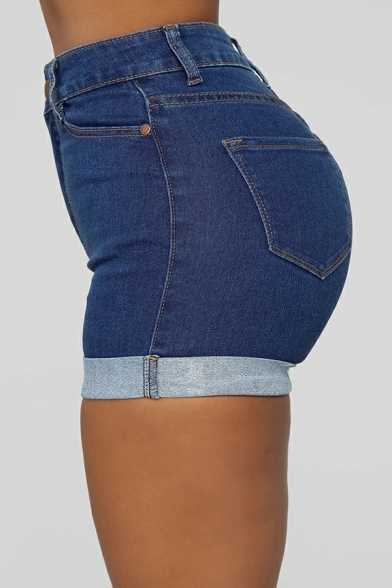 Girlish Women Shorts Solid Pocket Designed Mid Waist Zip Placket Turn up Denim Shorts