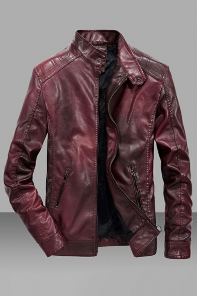 Hot Jacket Pure Color Long Sleeves Stand Collar Regular Zipper Leather Jacket for Guys