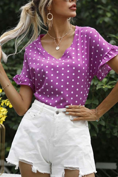 Ladies Cozy Tee Shirt Polka Dot Printed V-neck Short Sleeves Ruffles T-shirt