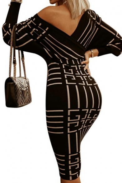 Original Ladies Dress Geometric Print V-neck Midi Long Sleeves Sashes Bodycon Dress
