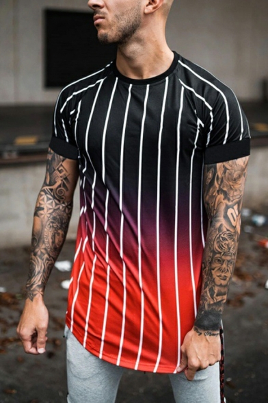 Street Look Guy's Tee Shirt Stripe Printed Crew Neck Ombre Short Sleeve Skinny T-Shirt