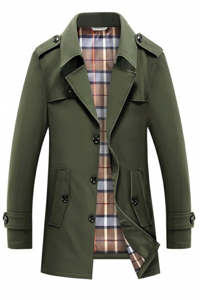 Street Style Guys Coat Solid Color Lapel Collar Long-Sleeved Single Breasted Trench Coat