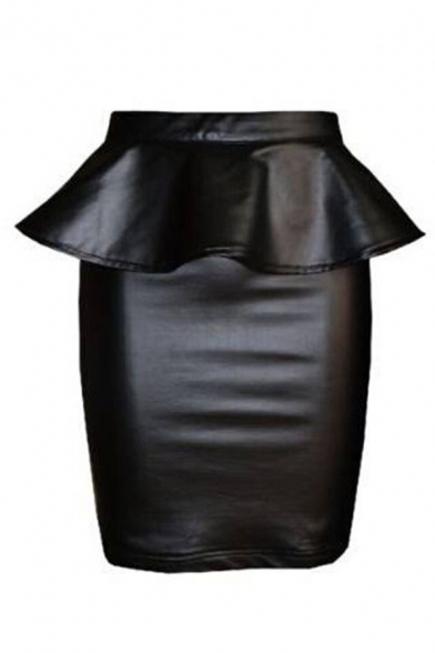 Trendy Leather Skirt Plain Ruffles Bodycon Mini Skirt for Women