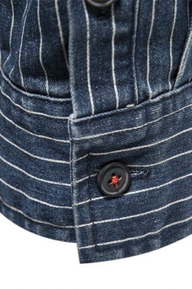 Vintage Boy's Shirt Stripe Print Chest Pocket Turn-down Collar Slim Long Sleeve Shirt