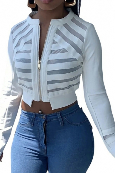 Women Creative Casual Jacket Solid Color Round Neck See-Through Full Zip Casual Jacket