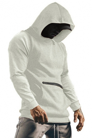 Chic Hoodie Pure Color Pocket Hooded Long Sleeve Skinny Zip Design Hoodie for Guys