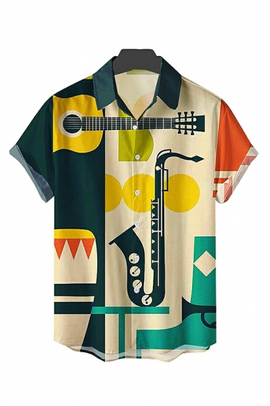 Edgy Mens Shirt Musical Instrument Print Spread Collar Short Sleeve Baggy Button Fly Shirt