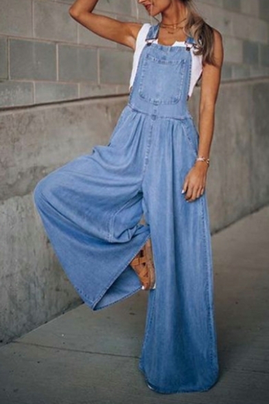 Fashionable Ladies Overalls Plain Pocket Front Sleeveless Oversized Long Length Overalls