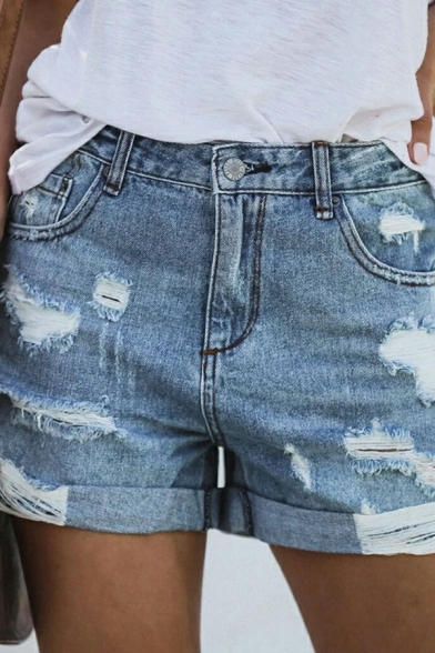 Girlish Women Shorts Pure Color Zip down Distressed Mid Waist Turn up Denim Shorts