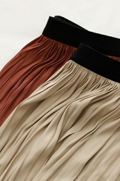 Ladies Leisure Skirt Pure Color Pleated Mid Rise Maxi Length Broomstick Skirt