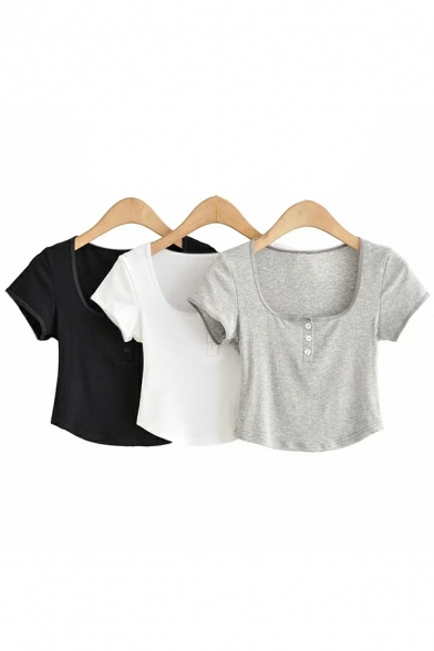 Ladies Simple Tee Shirt Pure Color Short-Sleeved Scoop Collar Slimming Cropped T-shirt