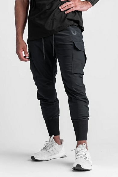 Men Fancy Cargo Pants Plain Elastic Waist Flap Pocket Banded Cuffs Pants