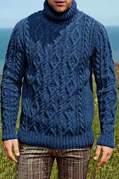 Men Stylish Sweater Cable Knit Print High Collar Ribbed Trim Sweater