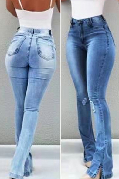 Modern Women's Bootcut Jeans Whole Colored Distressed Mid Rise Slit Hem Skinny Jeans