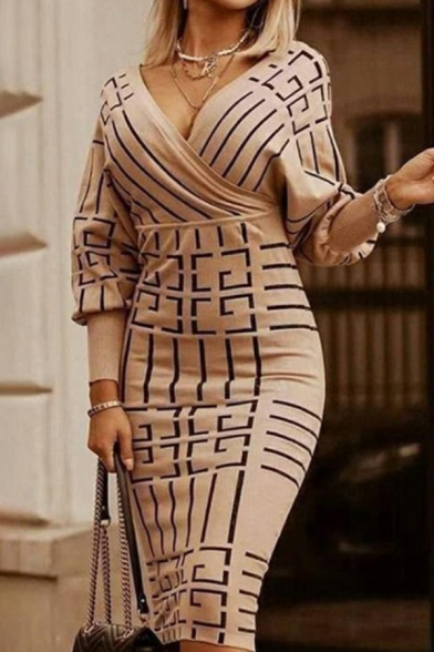 Original Ladies Dress Geometric Print V-neck Midi Long Sleeves Sashes Bodycon Dress