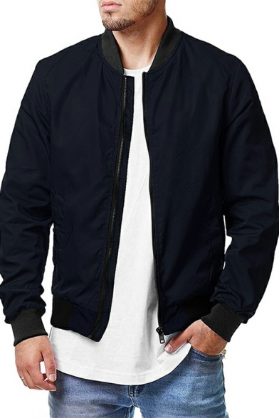 Popular Men Jacket Contrast Color Long Sleeve Stand Collar Pocket Zip Fly Baseball Jacket