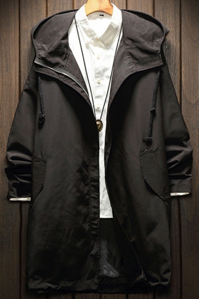 Boyish Guys Jacket Whole Colored Pocket Oversized Long Sleeve Hooded Zip down Trench Coat
