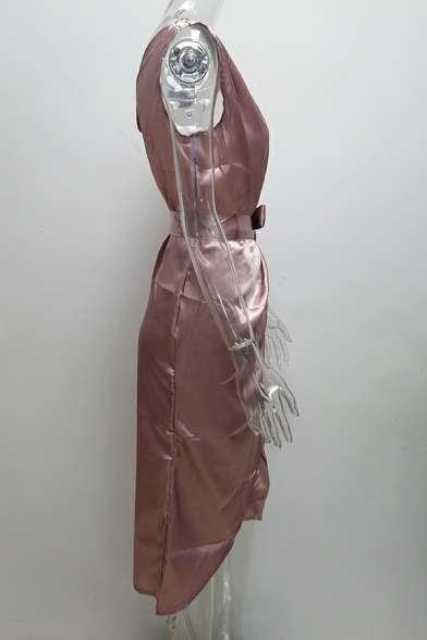 Chic Women's Dress Solid Color Asymmetrical Lace-up One Shoulder Mid Length Wrap Dress