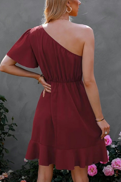 Elegant Women Dress Pure Color Ruffles One Shoulder Short Sleeve Regular Mini Dress