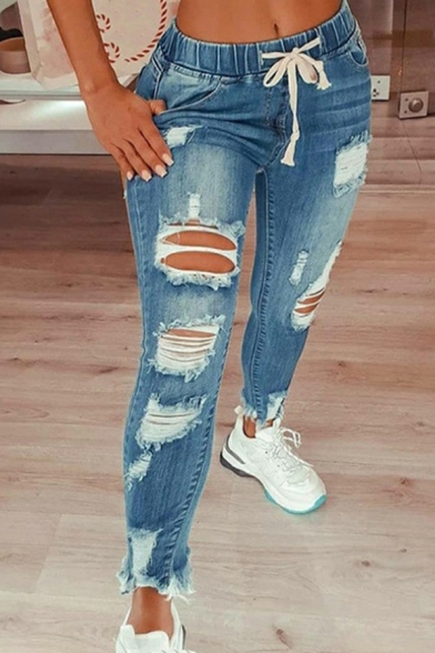 Fashion Girls Jeans Solid Color Broken Hole Ankle Length Mid Rise Drawstring Jeans