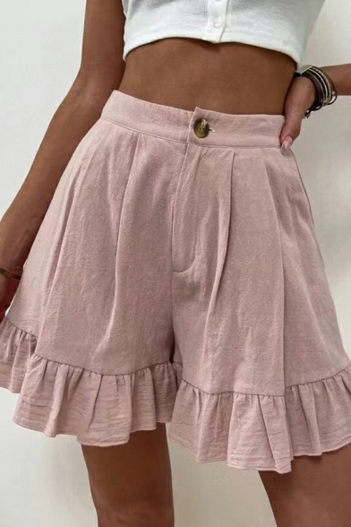 Girlish Women's Shorts Pure Color Ruffles Hem High Rise Button Waist Shorts
