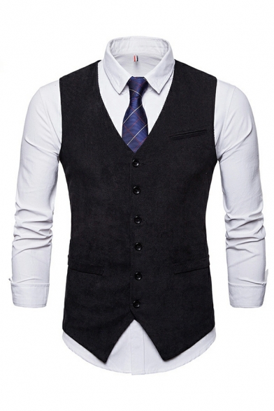 Men Popular Suit Vest Solid Color V-Neck Corduroy Single Breasted Suit Vest