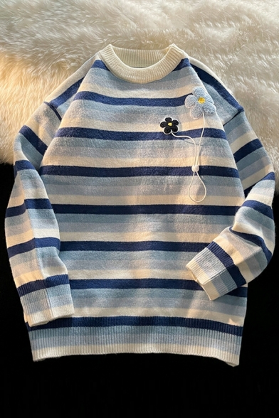 Men Popular Sweater Stripe Patterned Round Neck Floral Design Ribbed Trim Sweater