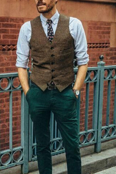 Men Retro Suit Vest Solid Color V-Neck Front Pocket Single Breasted Suit Vest
