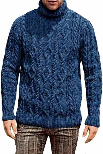 Men Stylish Sweater Cable Knit Print High Collar Ribbed Trim Sweater