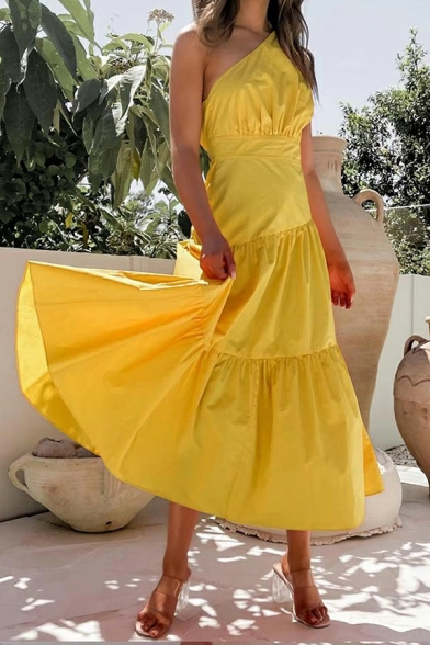 Popular Women's Dress Whole Colored Sashes One Shoulder Maxi A-line Dress