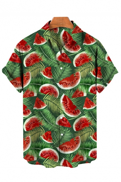 Retro Shirt Fruit Print Spread Collar Short-Sleeved Loose Fit Button down Shirt for Guys