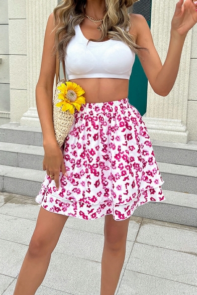 Simple Skirt Ditsy Floral Pattern Elastic Waist A-Line Mini Skirt for Women