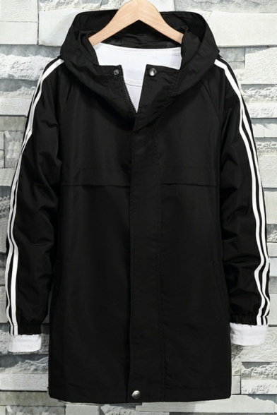 Street Look Trench Coat Stripe Printed Hooded Full Zip Trench Coat for Men