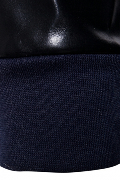 Stylish Hoodie Leather Patchwork Full Zip Pocket Detail Hoodie for Men