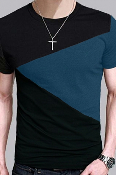 Trendy Tee Shirt Contrast Color Short Sleeves Skinny Round Neck Tee Shirt for Men