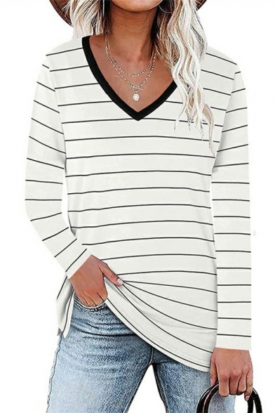 Urban Ladies Tee Top Stripe Printed Long-Sleeved V Neck Regular Fitted Tee Shirt