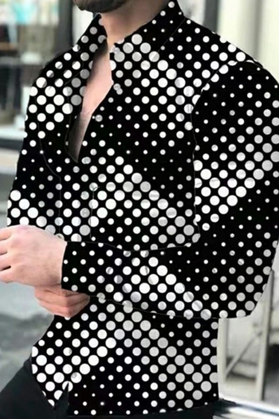 Urban Mens Shirt Polka Dots Pattern Long-Sleeved Turn-down Collar Skinny Button Fly Shirt