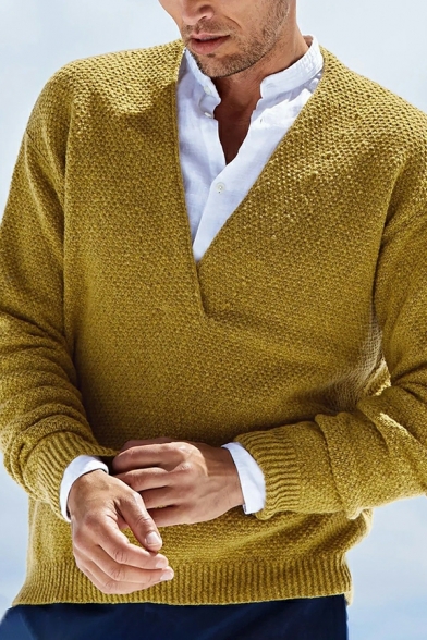 Boyish Sweater Solid Color V-Neck Ribbed Trim Sweater for Men