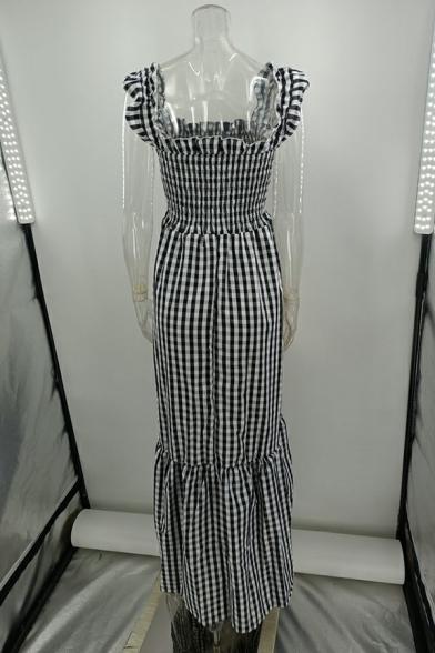 Elegant Women Dress Plaid Print Cap Sleeve Square Collar Sashes Maxi A-Line Dress