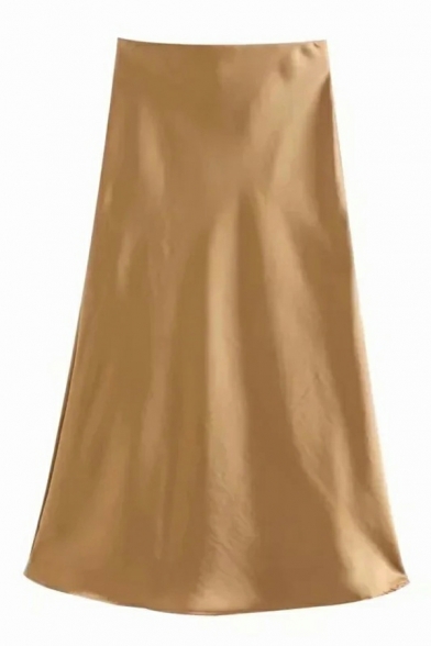 Enchanting Women A-Line Skirt Pure Color High Waist Midi A-Line Skirt