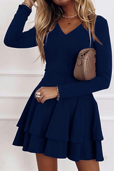 Leisure Dress Whole Colored V Neck Long Sleeve Midi Pleated Dress for Girls