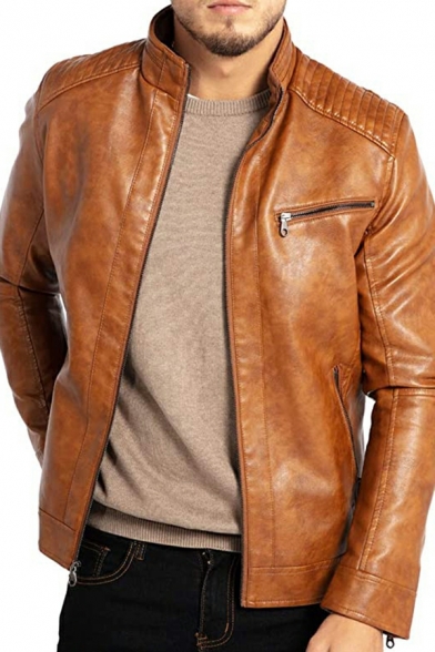 Men Dashing Leather Jacket Plain Stand Collar Full Zipper Leather Jacket