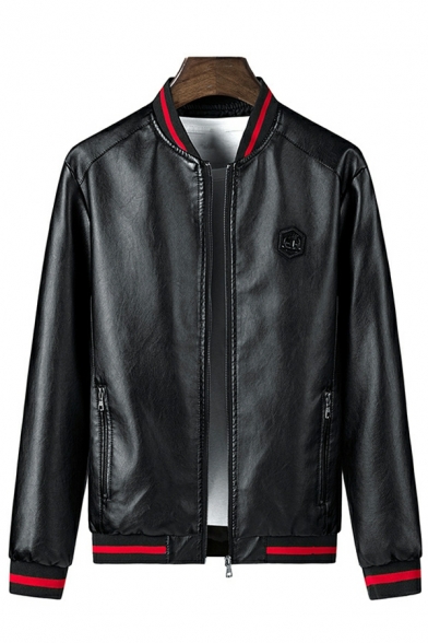 Men Modern Leather Jacket Contrast Line Print Full Zipper Leather Jacket