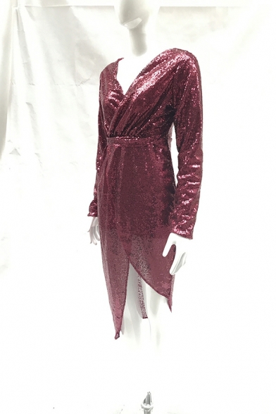 Popular Women's Dress Plain V Neck Sequined Midi Long Sleeve Irregular Hem Bodycon Dress