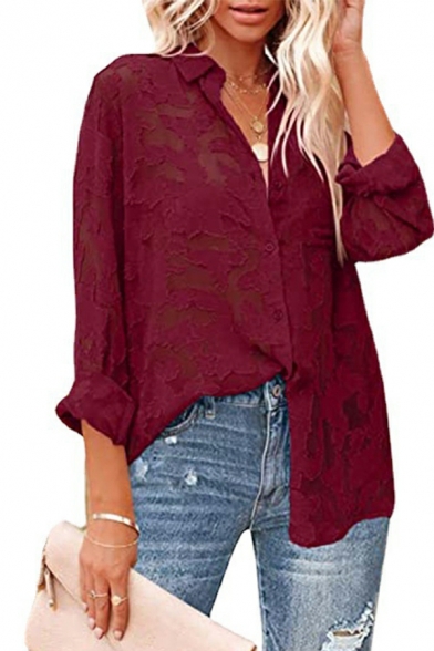 Popular Women Shirt Solid Color Cut-outs Turn-down Collar Button down Long Sleeve Shirt