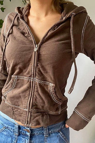 Simple Casual Jacket Plain Hooded Full Zipper Front Pocket Casual Jacket for Women