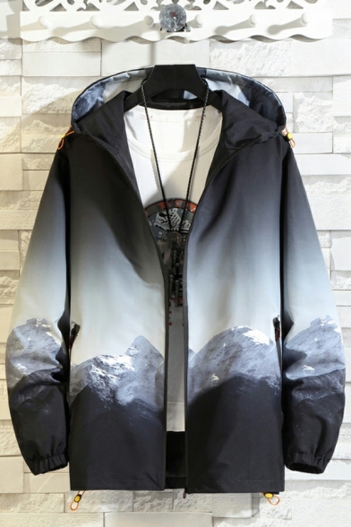 Street Style Coat Mountain Pattern Pocket Long Sleeves Hooded Zipper Trench Coat for Boys